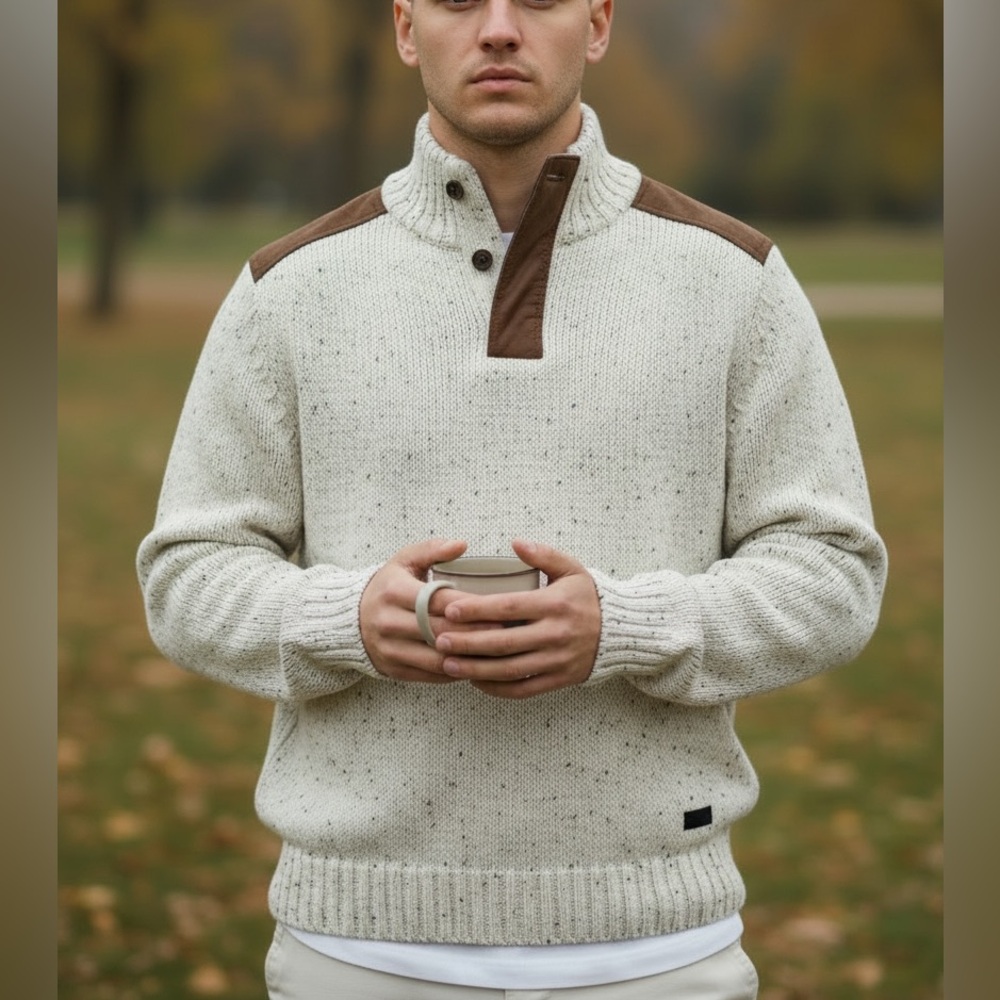 Men's Cream Knit Pullover with Brown Shoulder and Placket Accents